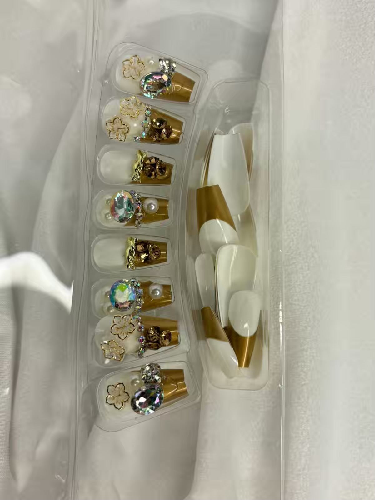 White Gold Flowers French Fancy Party Press On Nails ( Set of 24 )