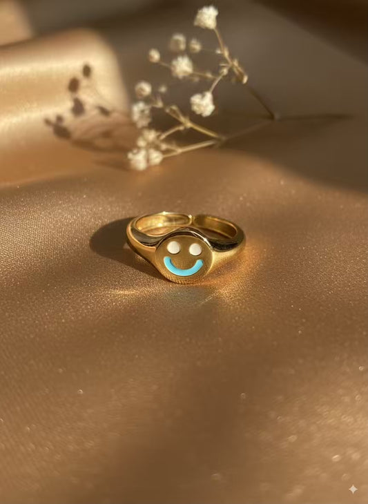Smiley White Blue Gold Plated Premium Ring (Adjustable)