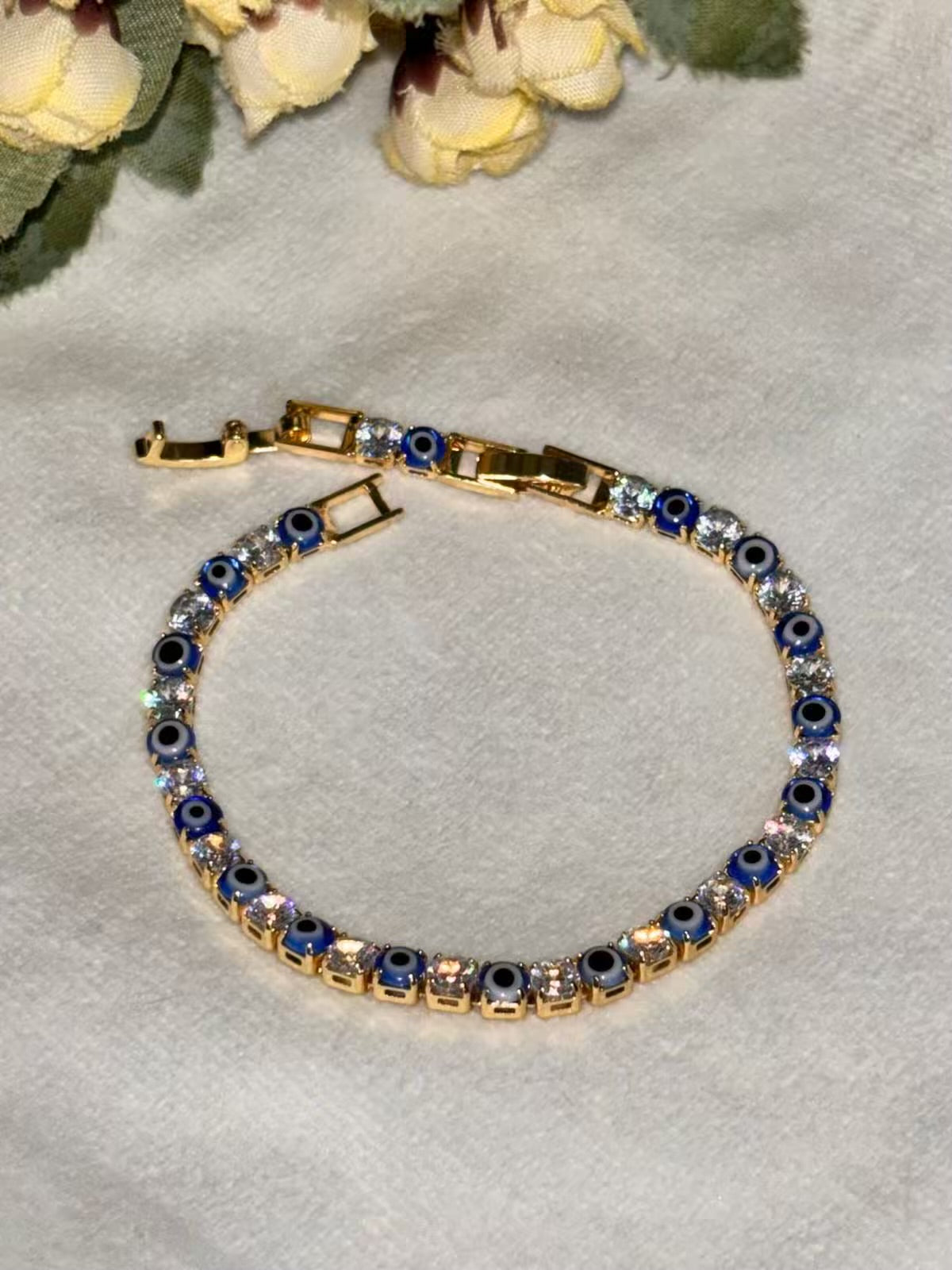 Blue Evil Eye Shining Solitaire Diamonds Tennis Bracelet - Gold Colour