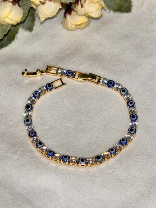 Blue Evil Eye Shining Solitaire Diamonds Tennis Bracelet - Gold Colour