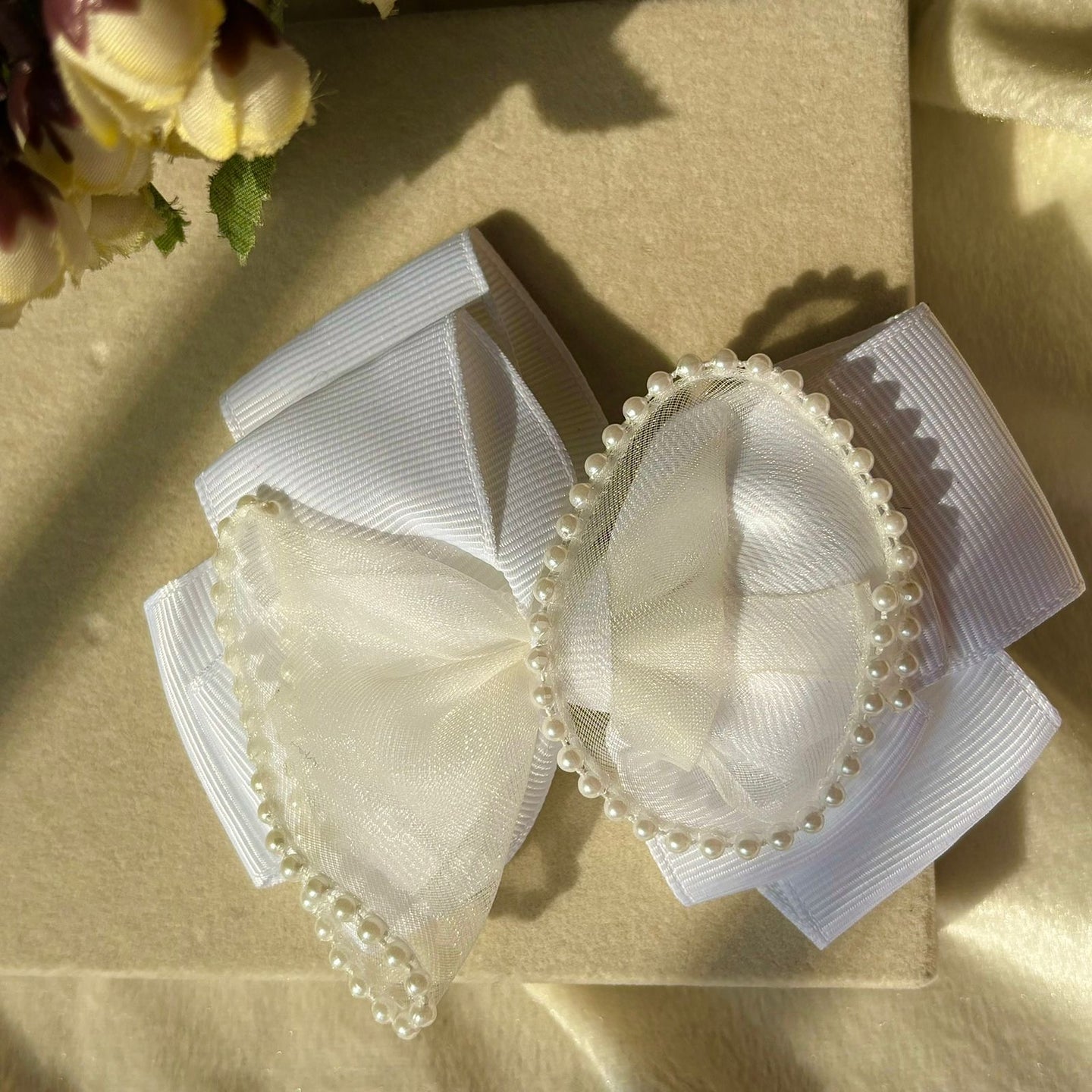 Baby Double Hair Bow Clip For Women - White ( Ribboned And Netted)