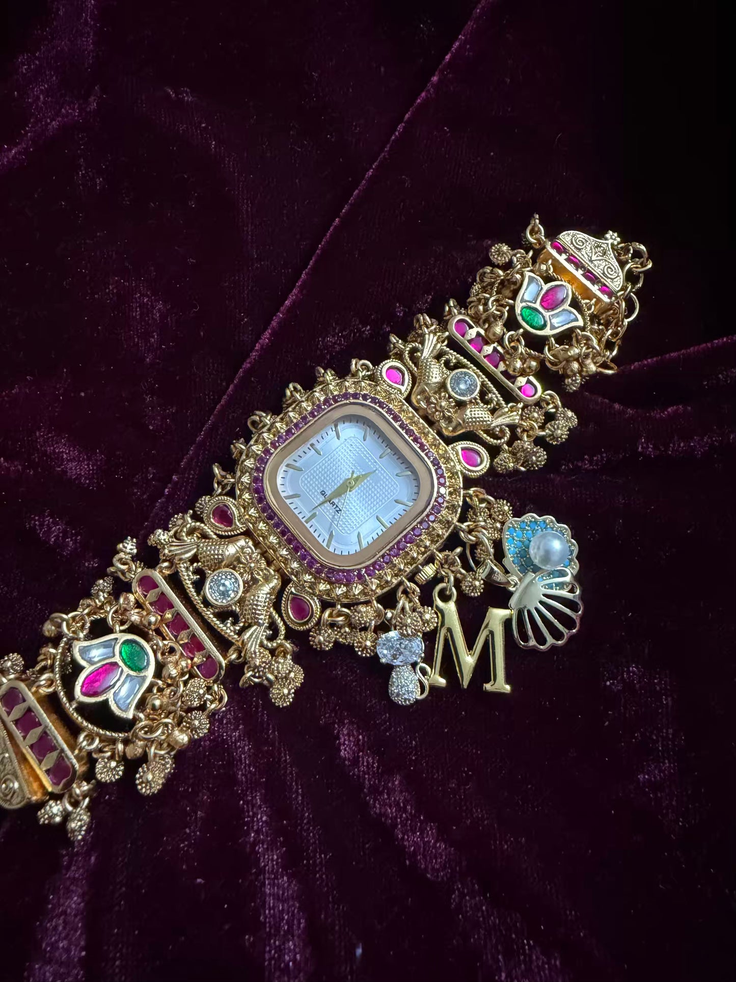 Square Dial Maharani Watch Heritage Bracelet with Charms