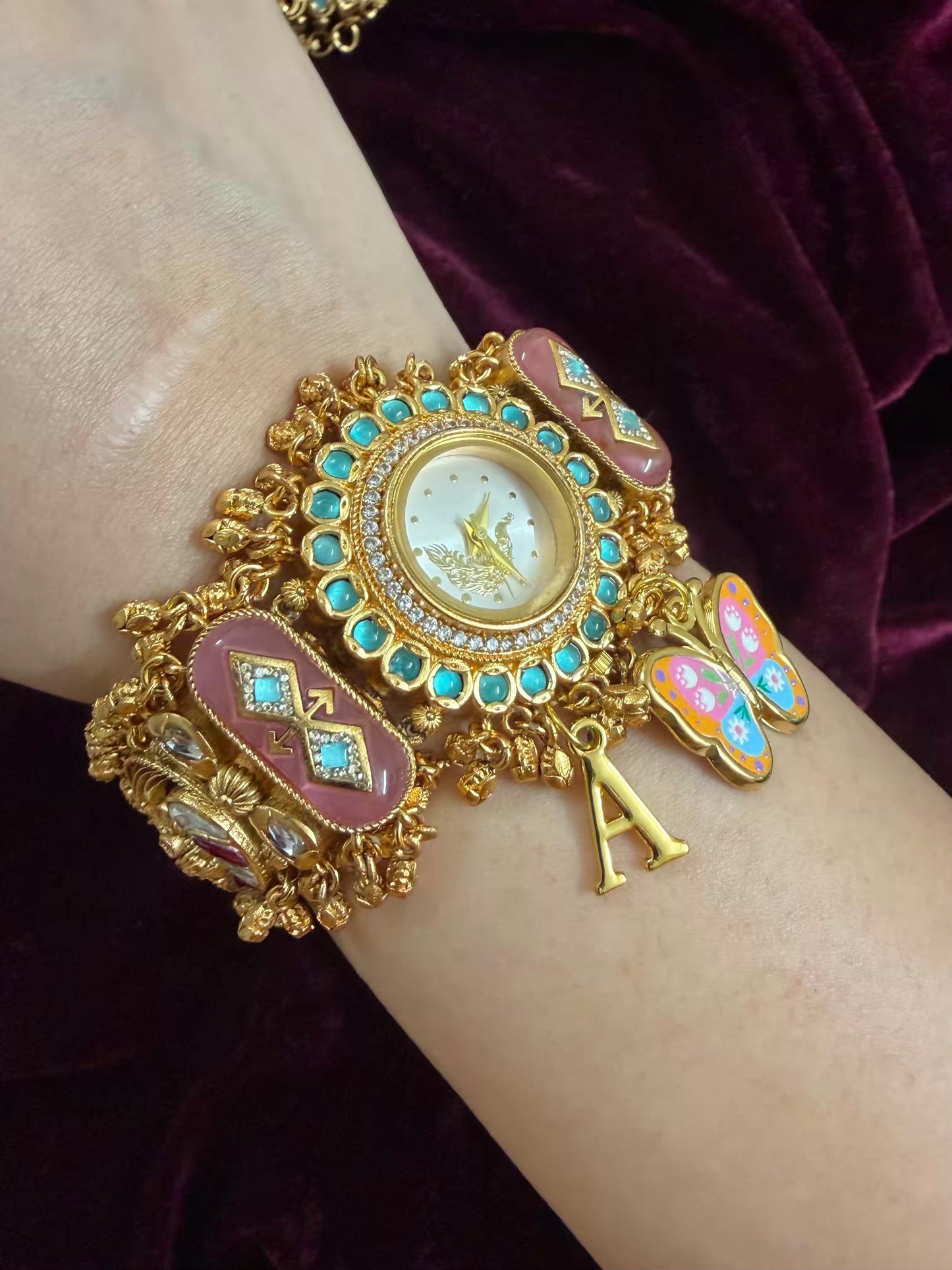 Pink Butterfly Peacock Dial Maharani Watch Heritage Bracelet ( Add your initial FREE )