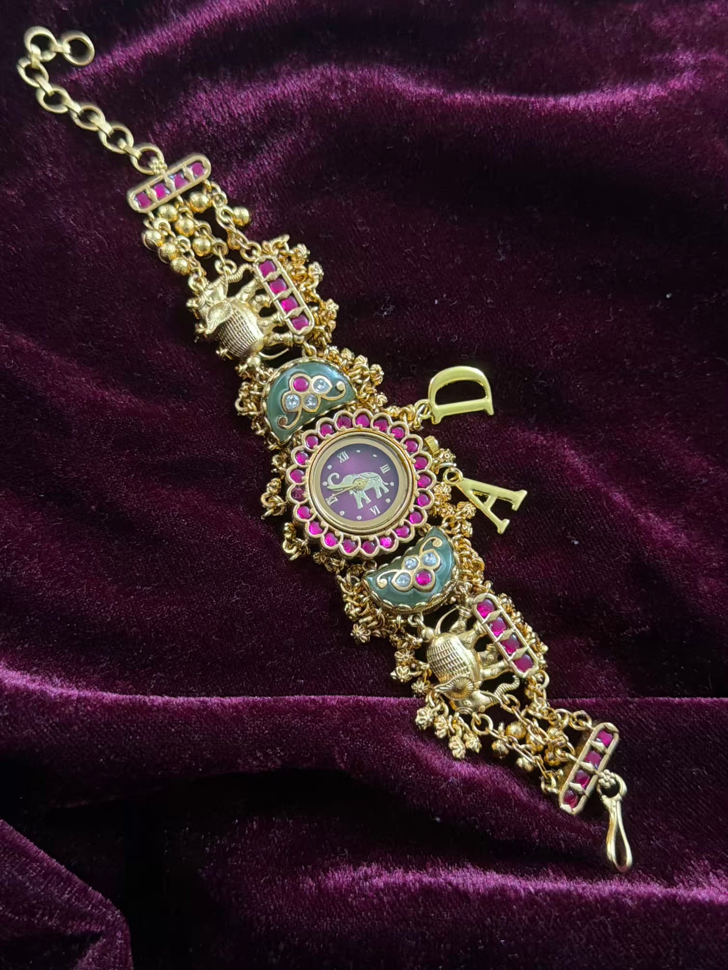 Green in Burgundy Dial Half Moon Maharani Watch Design Bracelet