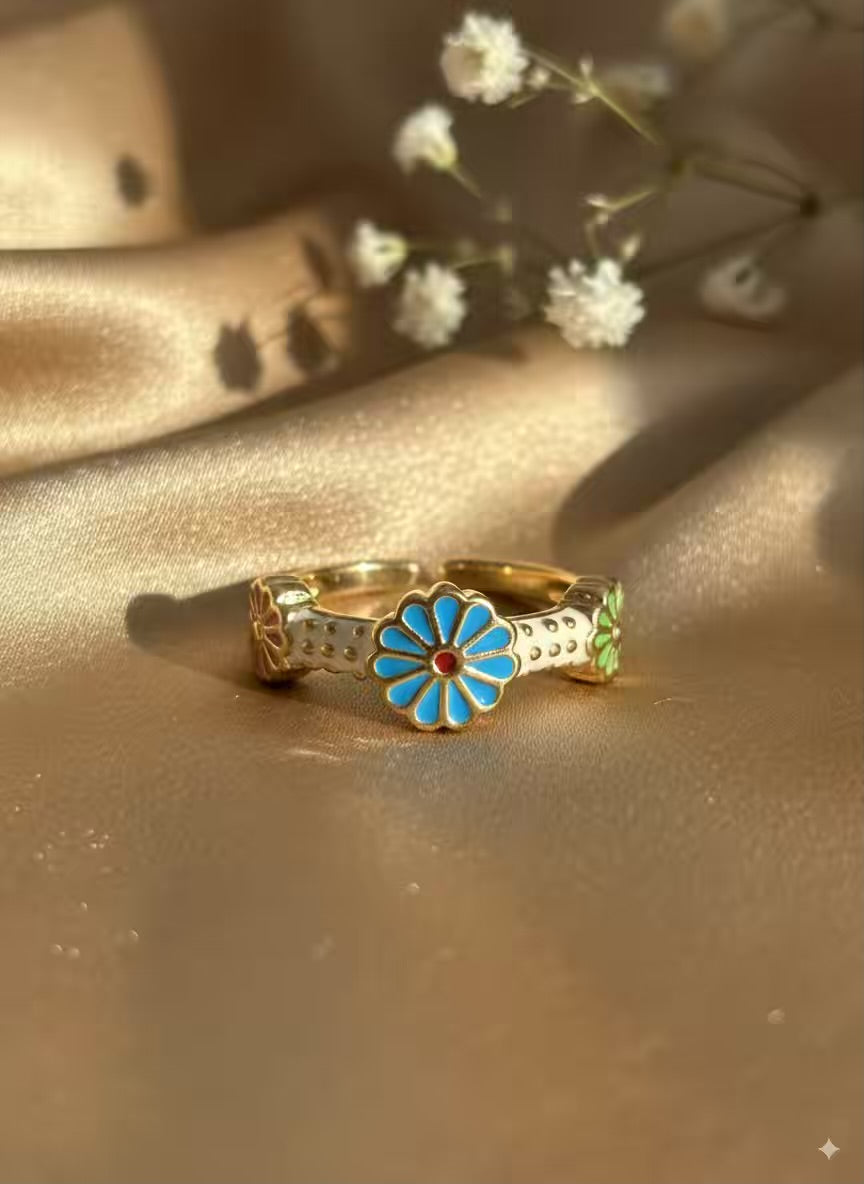 Blue Sunflower  Gold Plated Premium Ring (Adjustable)