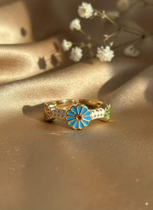 Blue Sunflower  Gold Plated Premium Ring (Adjustable)