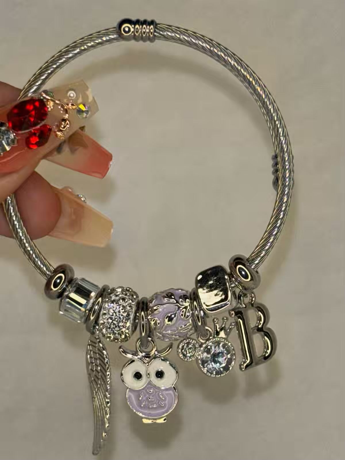 Pandora Charms Purple Owl Bracelet With Customised Initial  ( Silver )