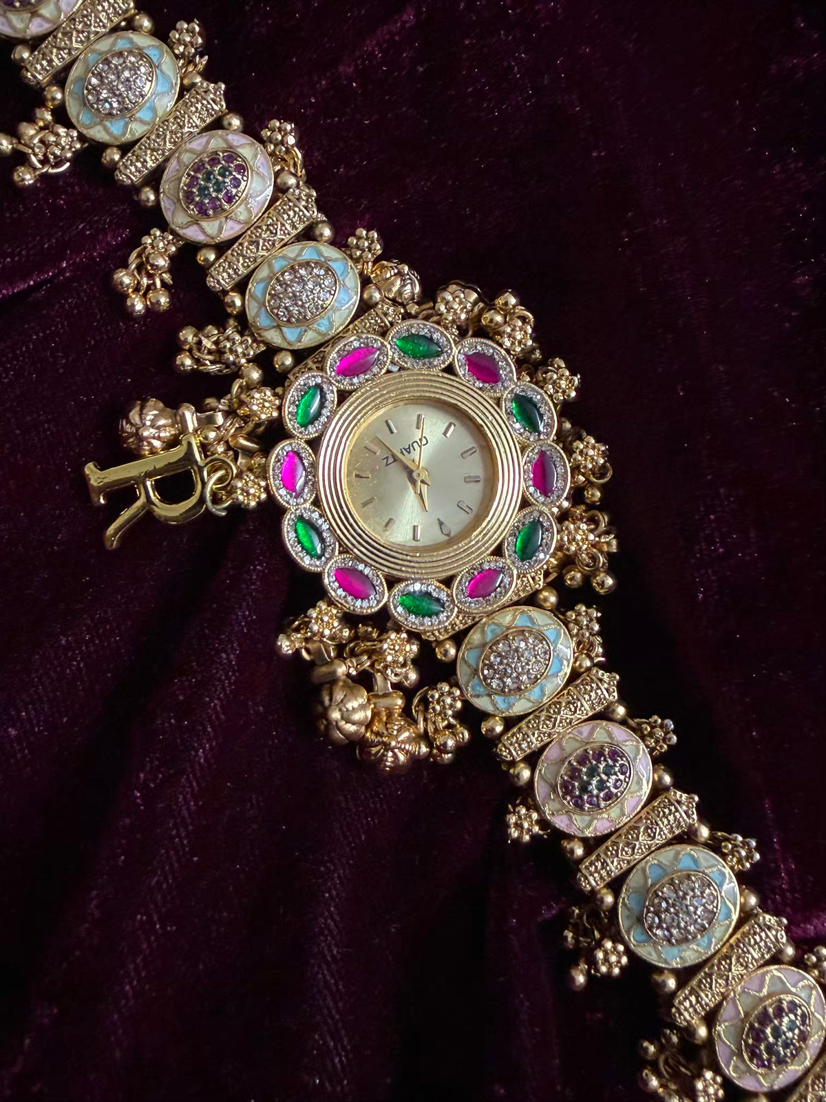 Ghungroo Pink Green Maharani Watch ( Customise Free Initial )( Random side strap colour)