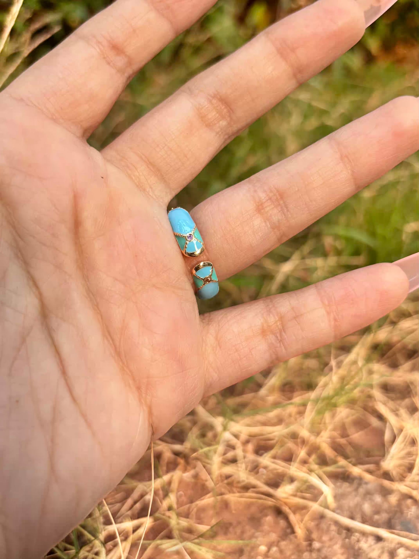 Blue Green Criss Cross Band Ring - Adjustable