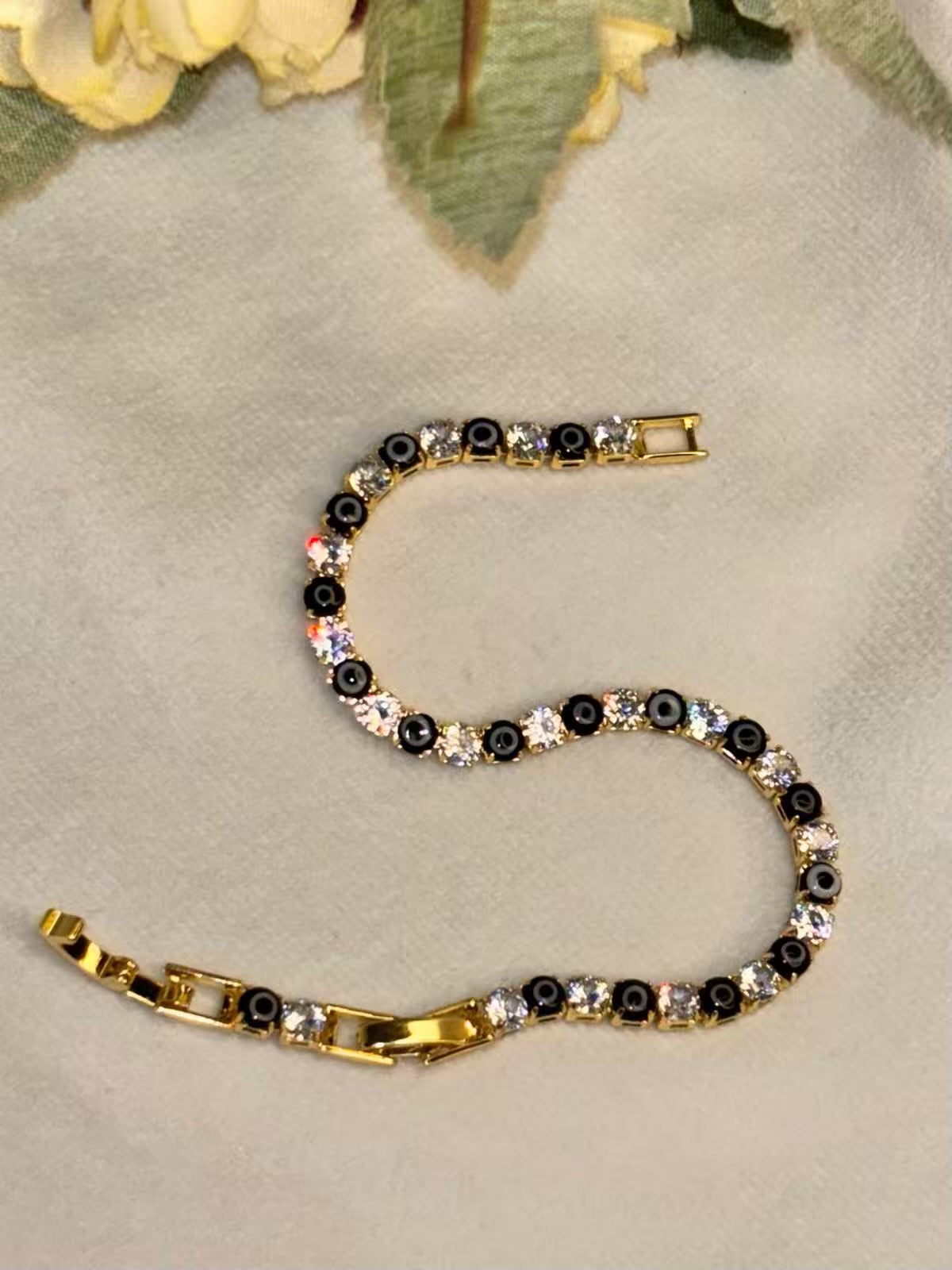 Black Evil Eye Shining Solitaire Diamonds Tennis Bracelet - Gold Colour