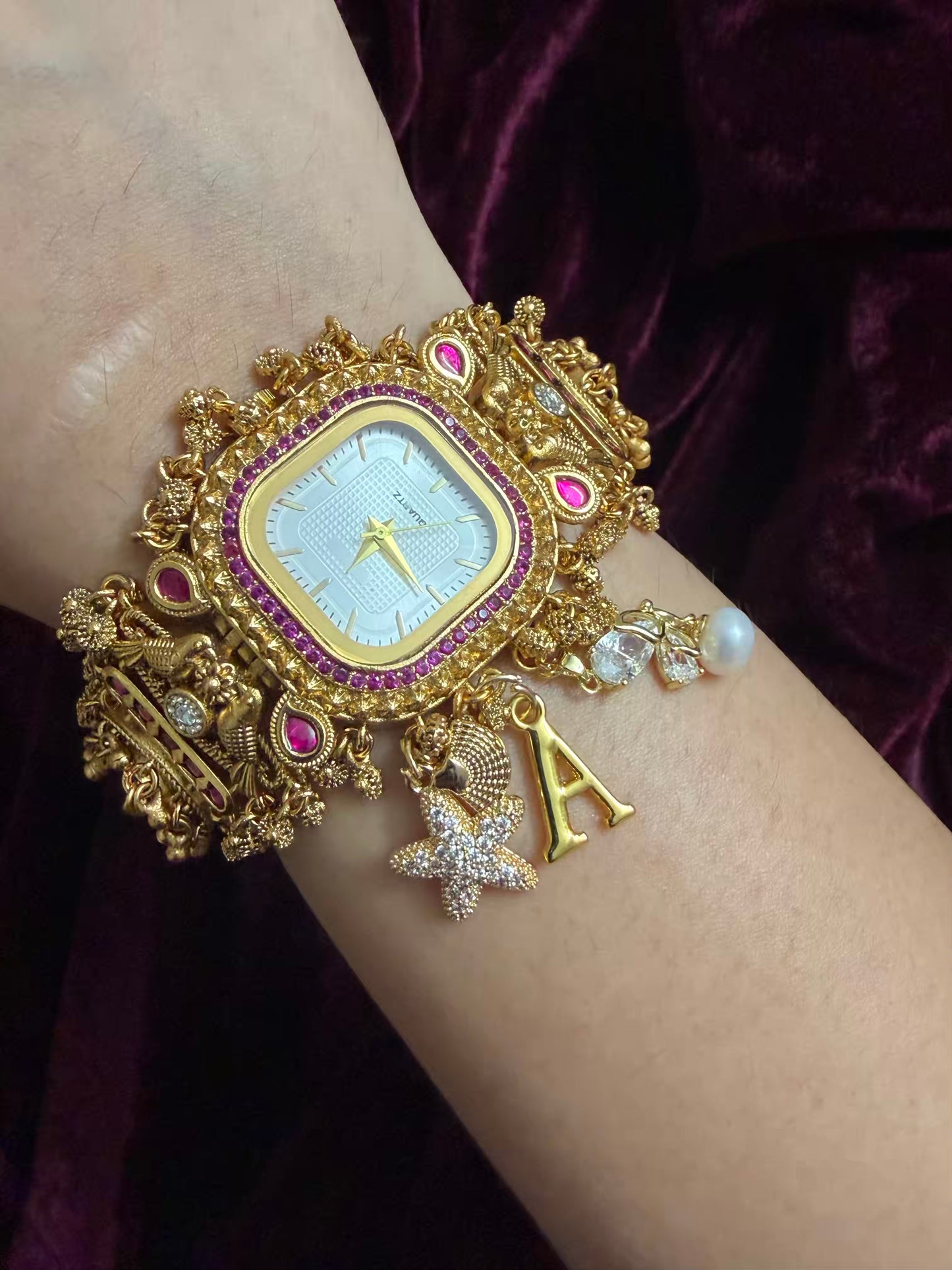 Square Dial Maharani Watch Heritage Bracelet with Charms