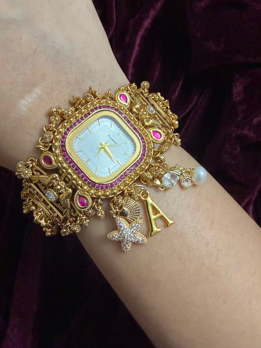 Square Dial Maharani Watch Heritage Bracelet with Charms( Delivery time 10days for Green Dial )
