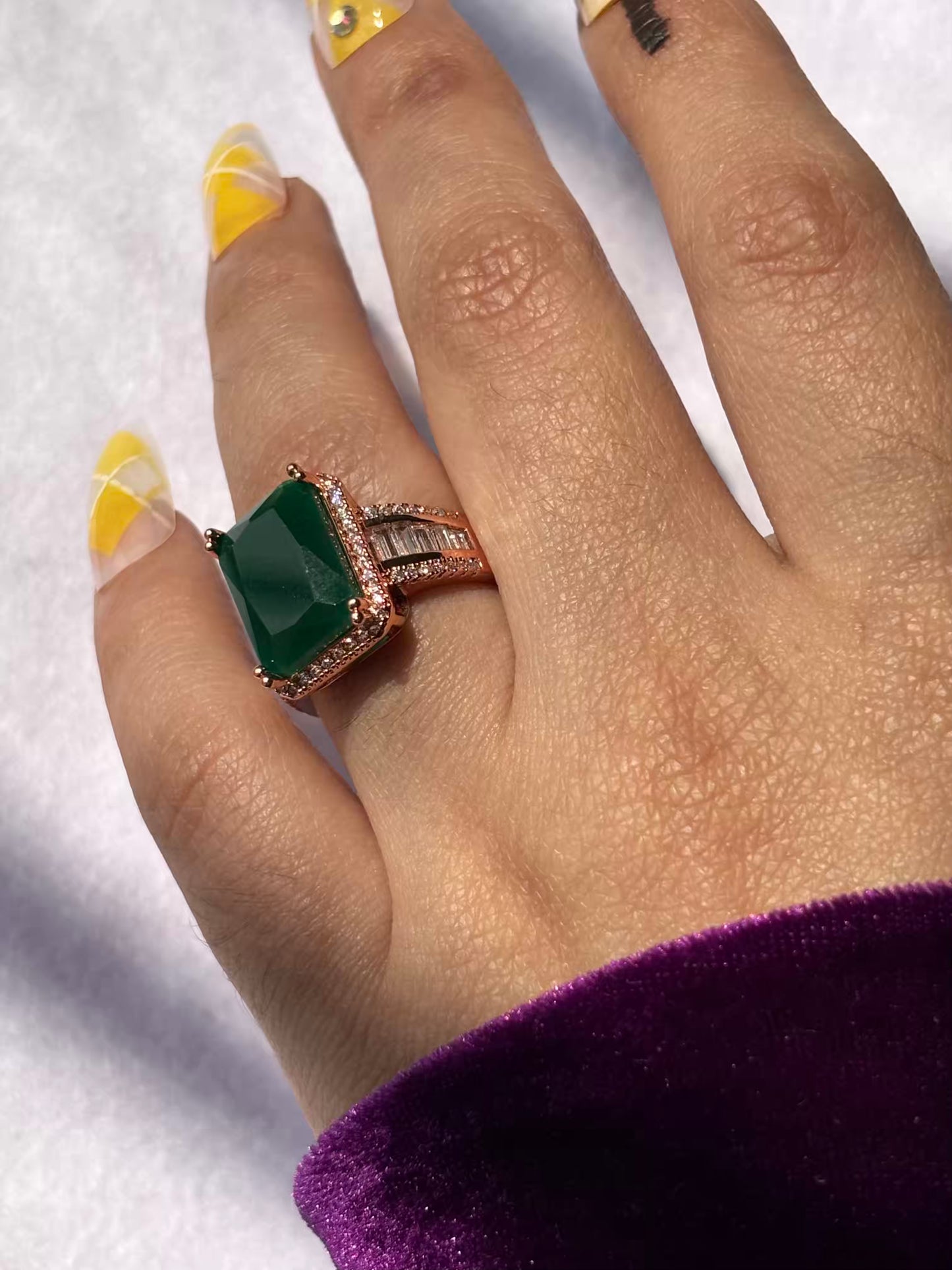 Premium Green Emerald Rectangular Ring( Rose Gold )Adjustable