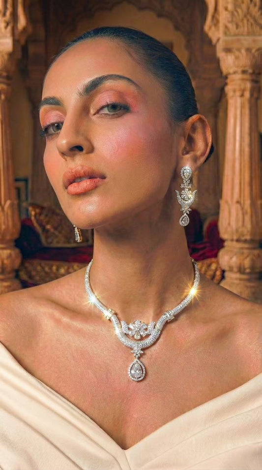 Silver Floral Drop Statement Necklace Set