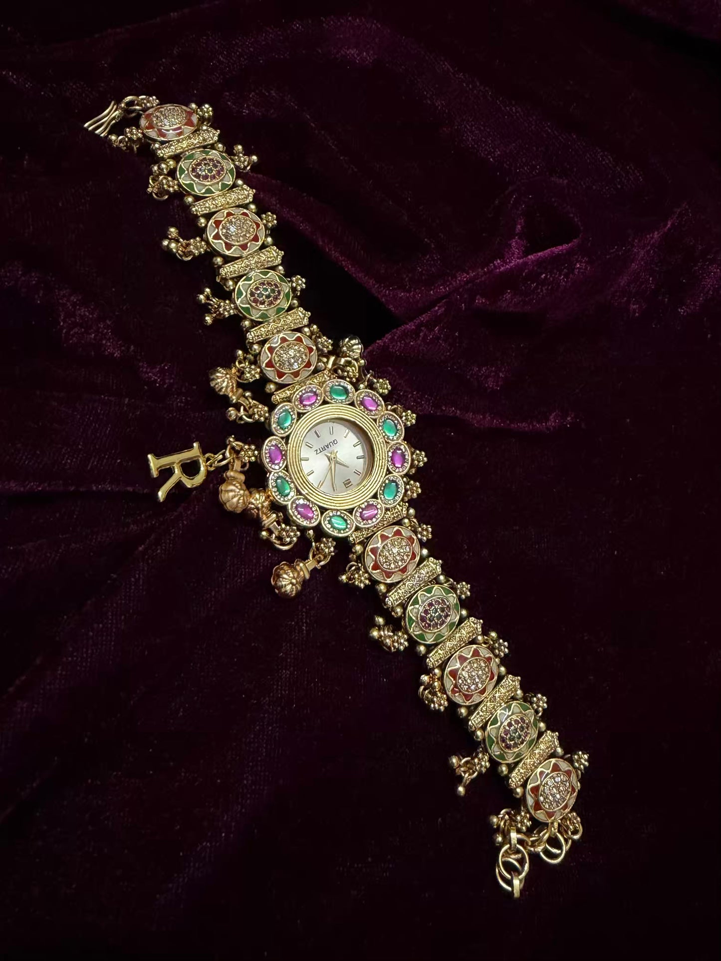 Premium Meenakari Lavender Emerald Heritage Watch Rakhi with Pastel Enamel (Free Initial)