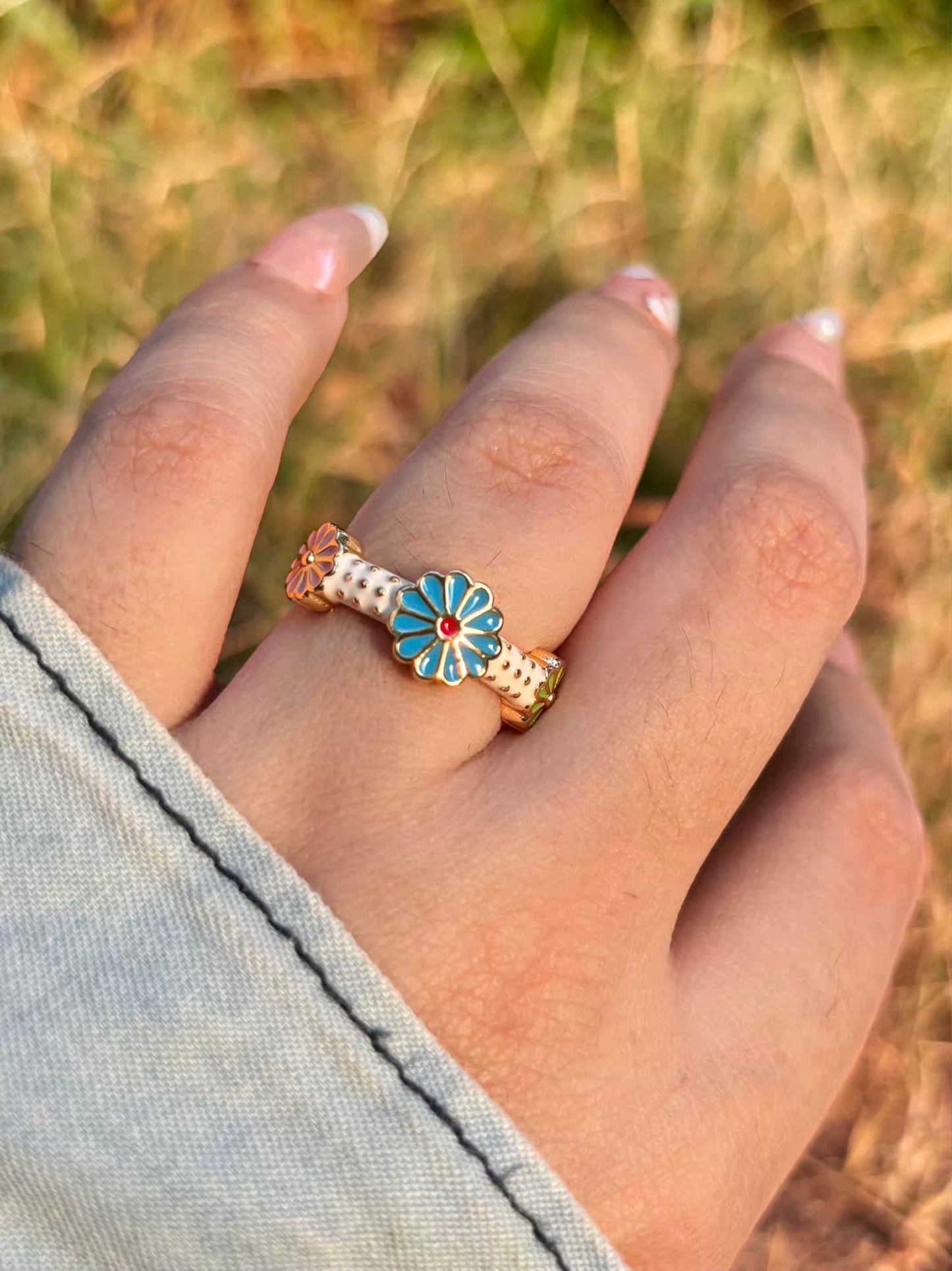 Blue Sunflower Band Ring - Adjustable