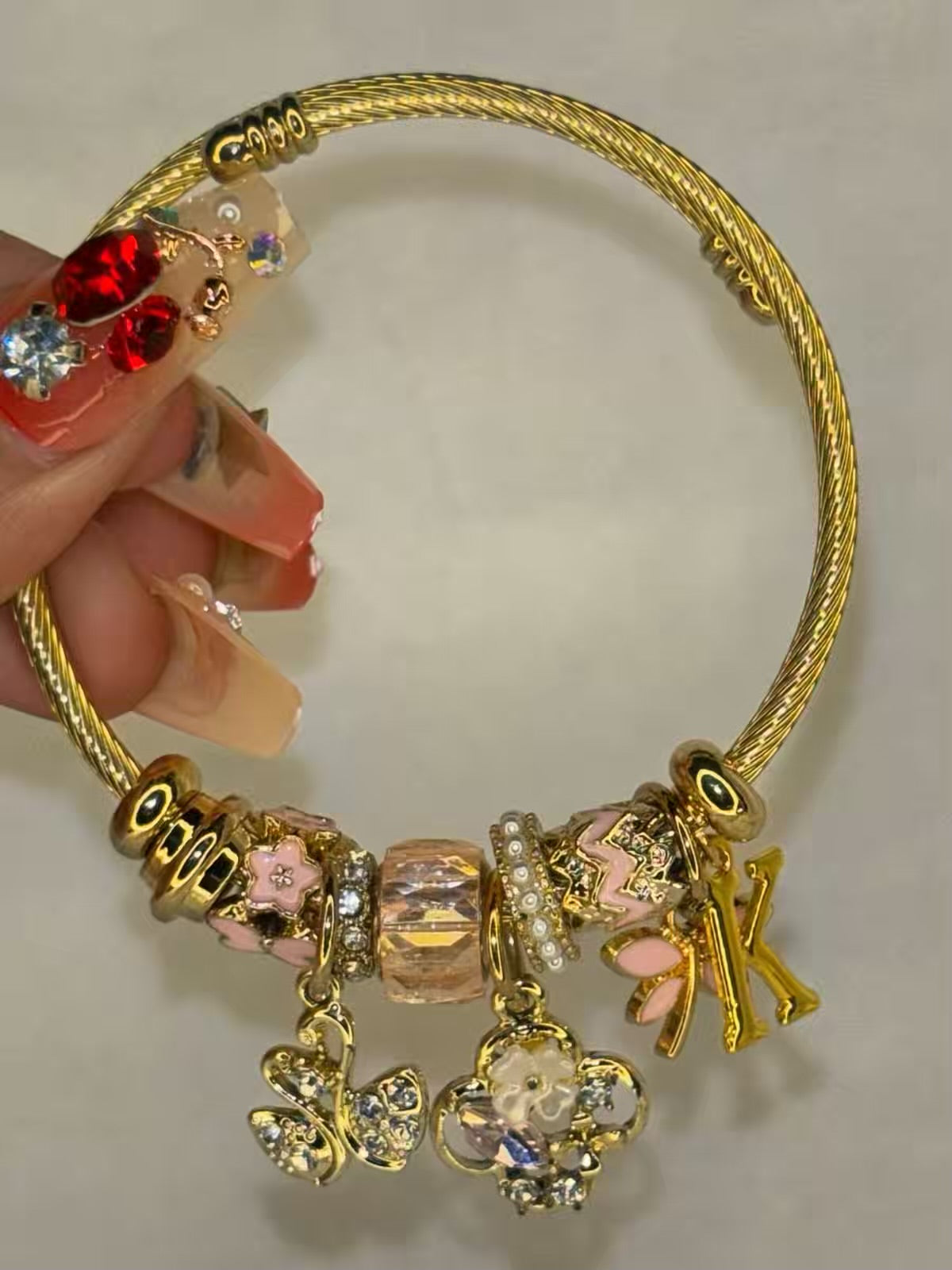 Pandora Charms Pink Flower Bracelet With Customised Initial  ( Gold )