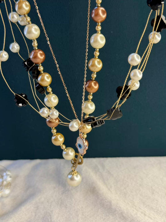 Ivory & Bronze Pearl Evil Eye Hamsa Gold Plated Necklace