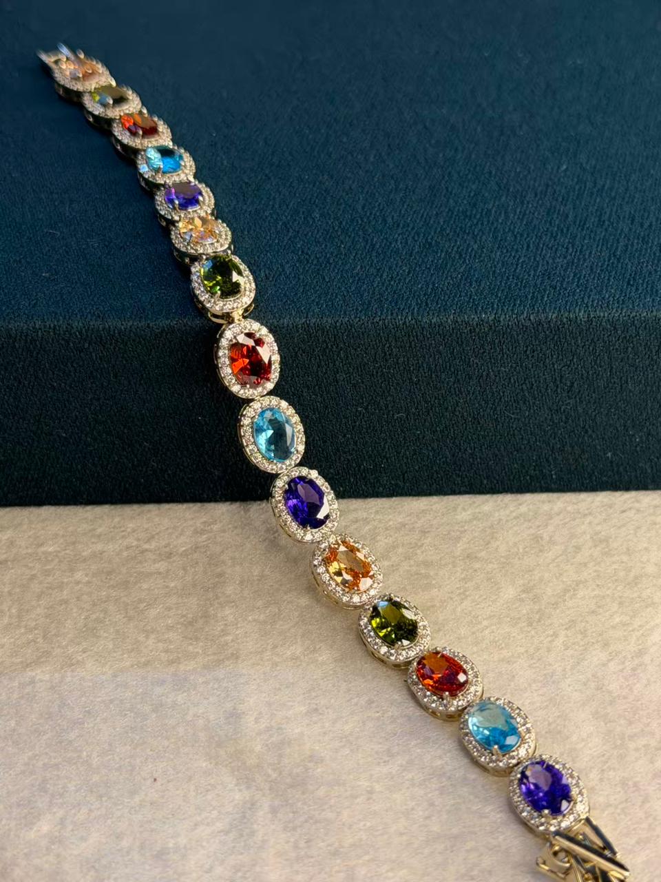 Multicolored Oval Stones Gold Plated Tennis Bracelet