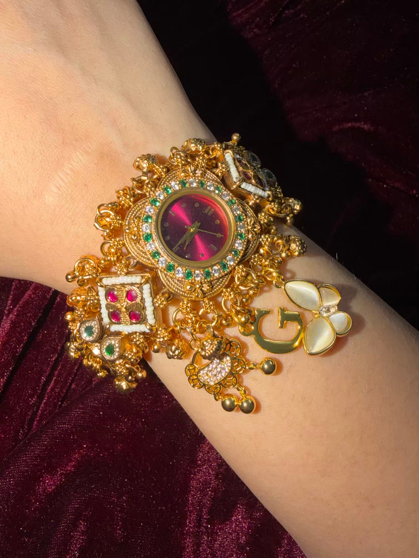Burgundy Floral Cloud Dial Heritage Watch in Premium Rajwadi plating (Free Initial)