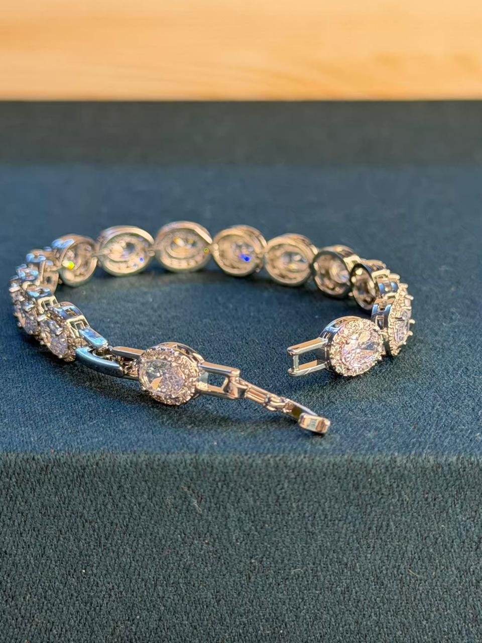 White Oval shaped Silver Plated Tennis Bracelet