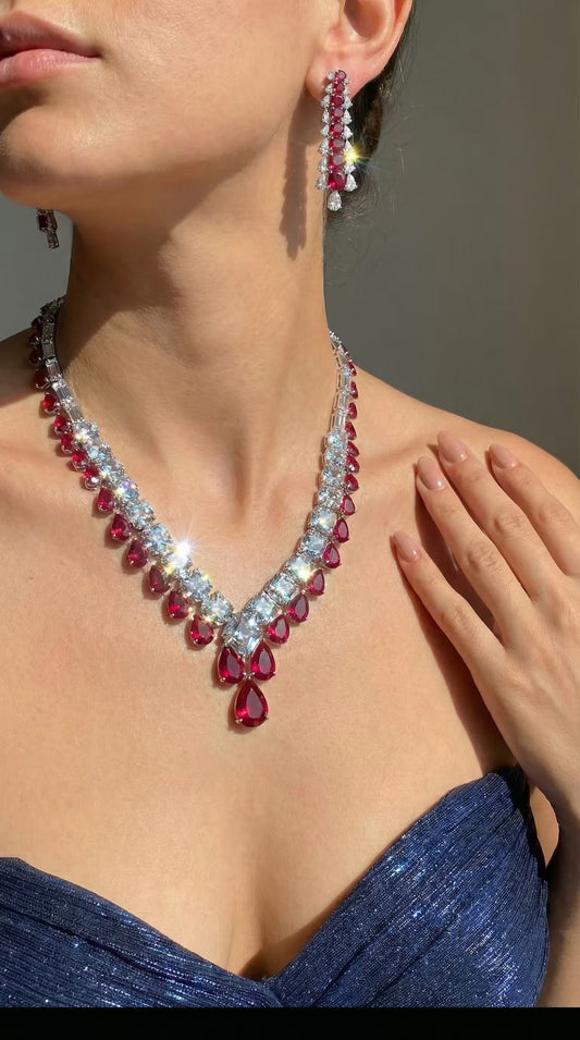 Teardrop and Square Design Rhodium-Plated Necklace Set with Ruby Red Stones