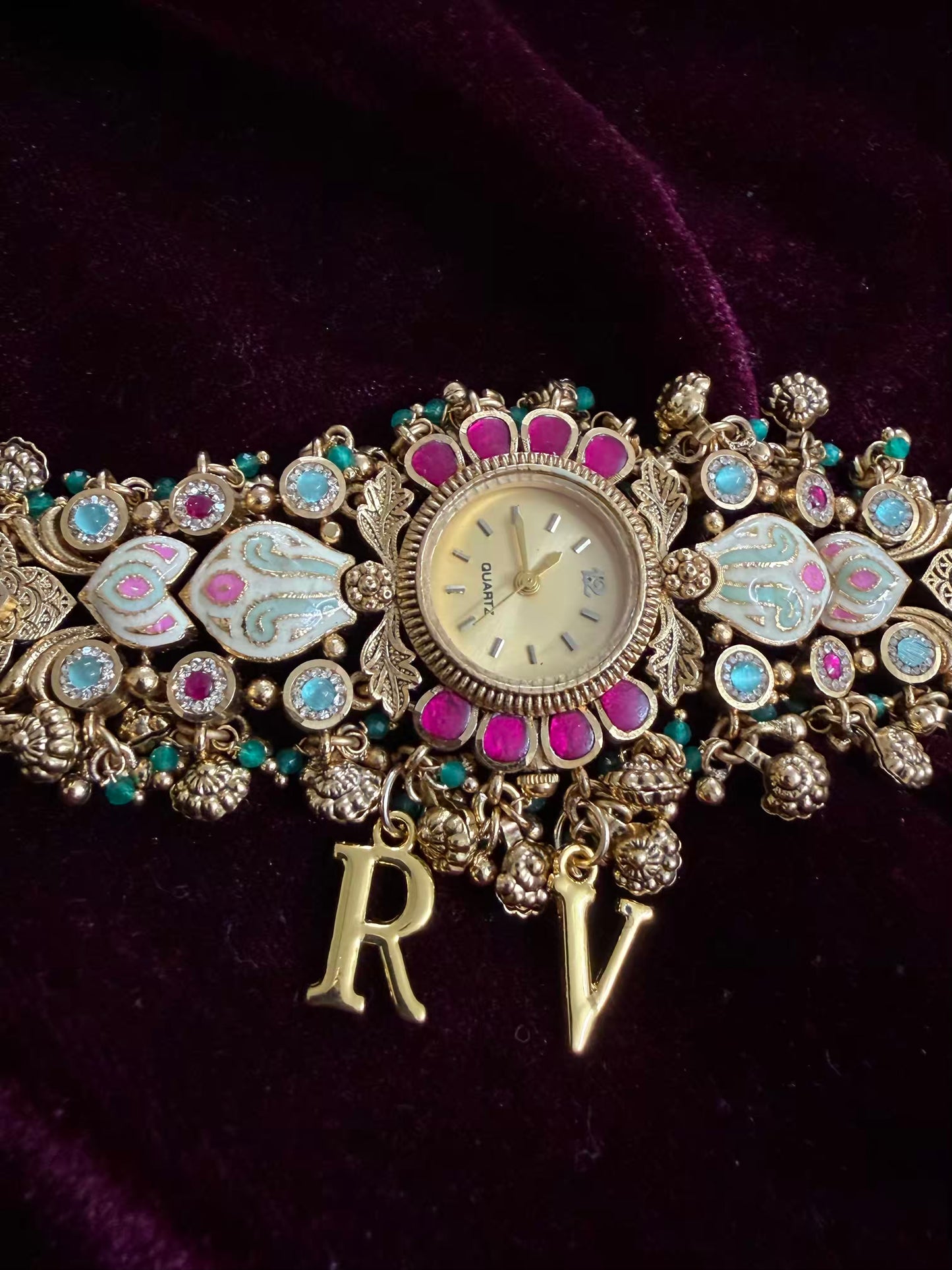 Pink Kundan Premium Gold Maharani Watch Design Heritage Bracelet