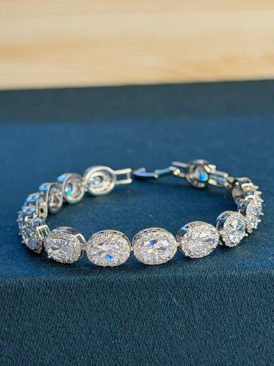 White Oval shaped Silver Plated Tennis Bracelet
