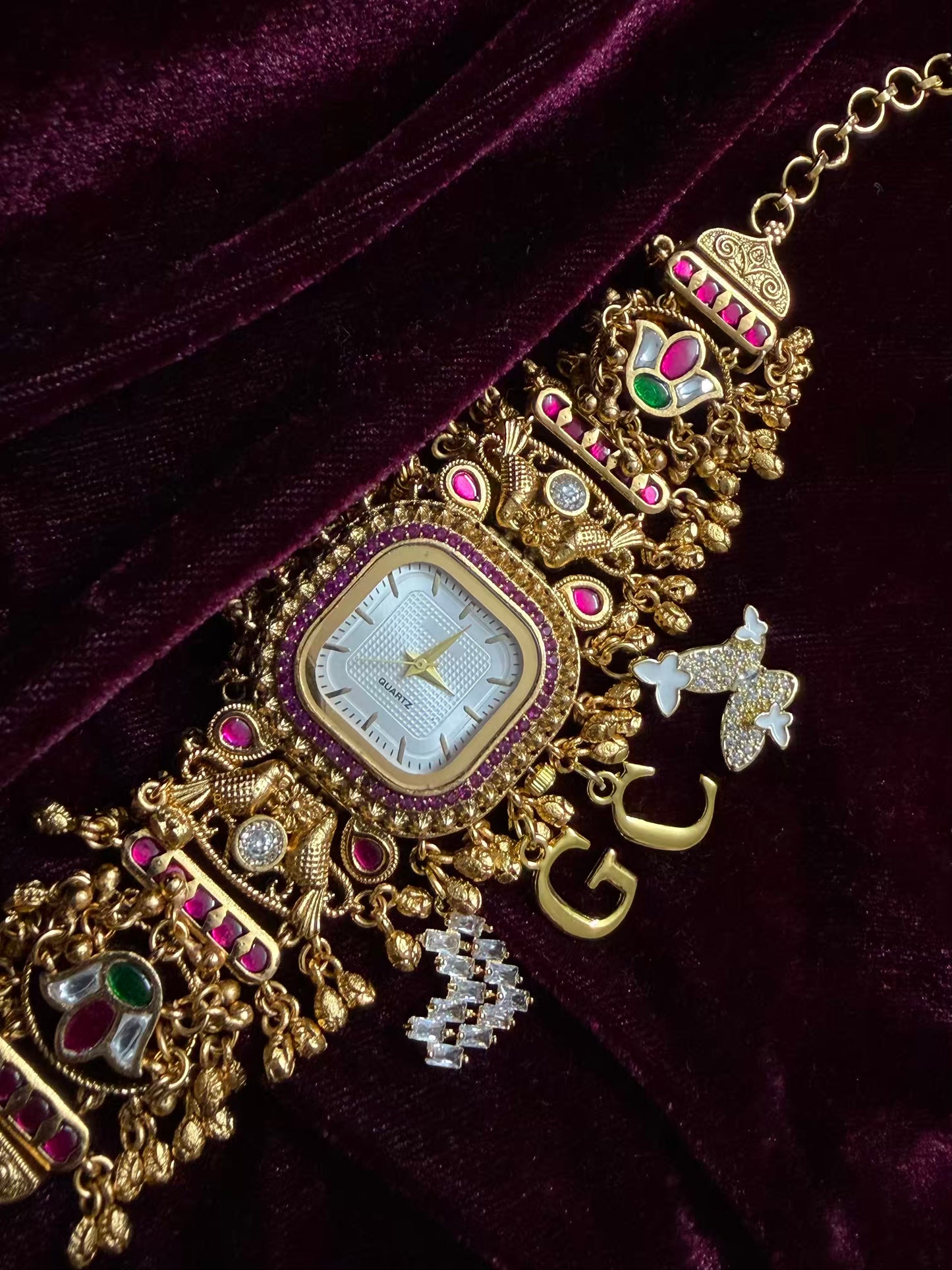 Square Dial Maharani Watch Heritage Bracelet with Butterfly and Heart  Charms