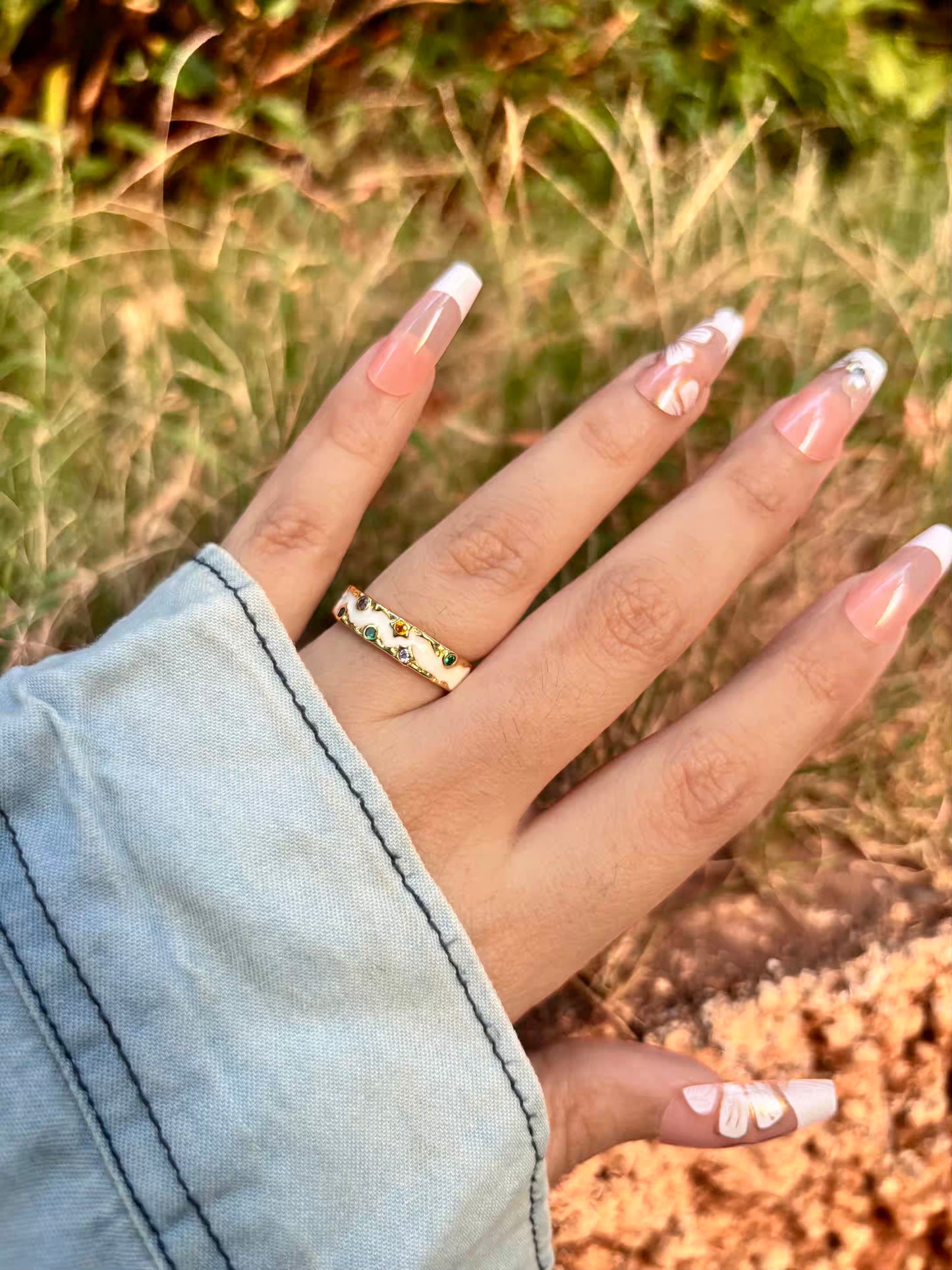 Colourful Studs White Band Ring - Adjustable
