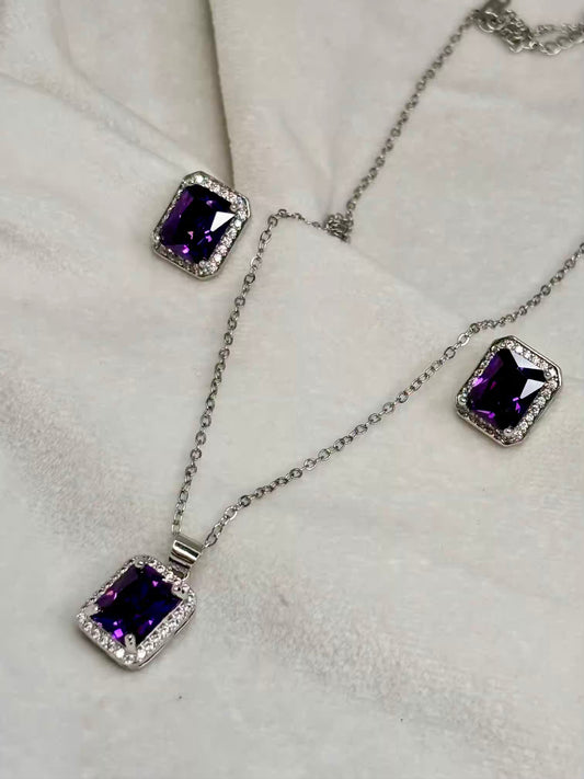 Purple Amethyst Diamond Necklace Ear Studs Set - Silver Plated