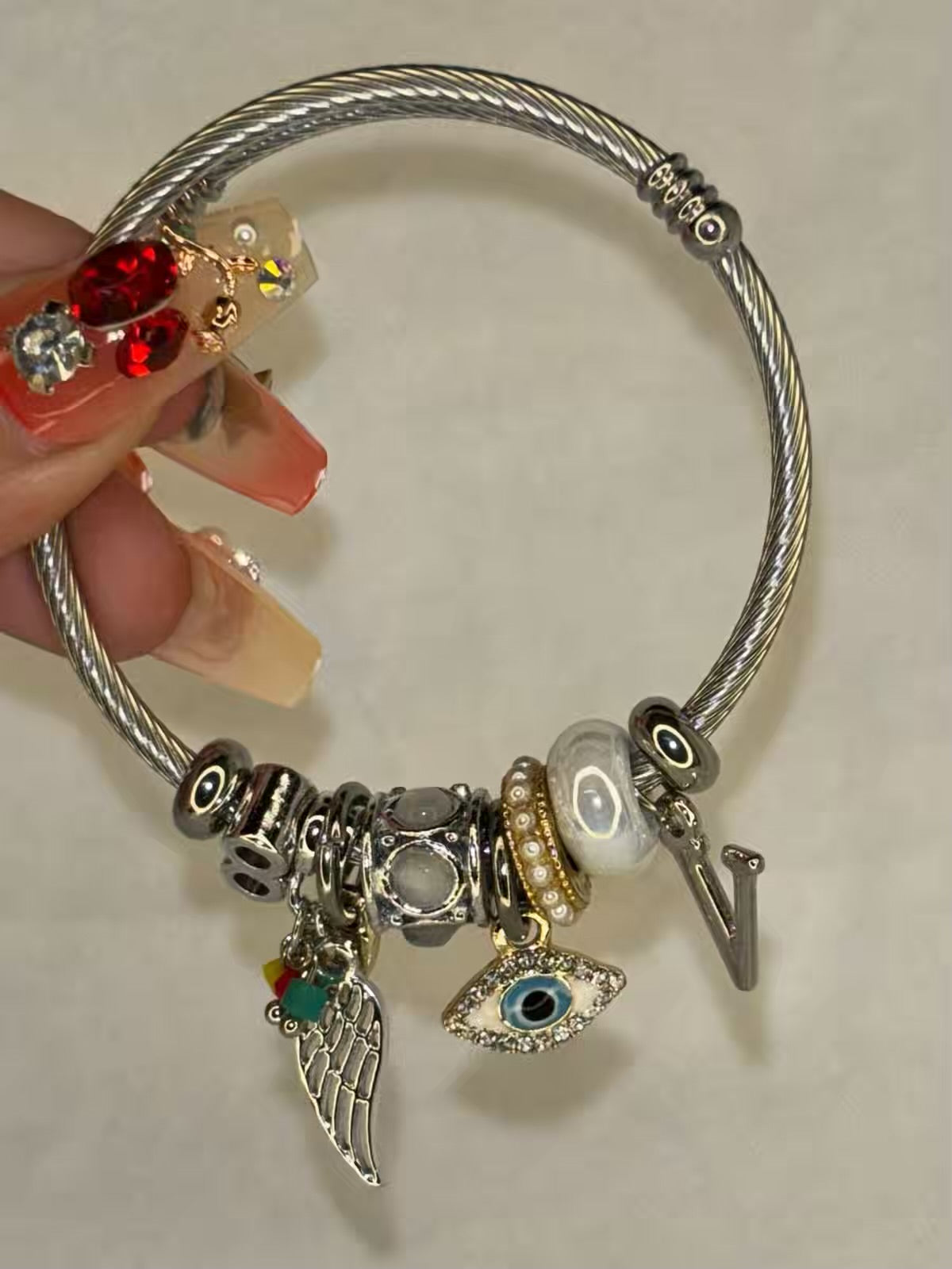 Pandora Charms White Evil Eye Bracelet With Customised Initial  ( Silver )