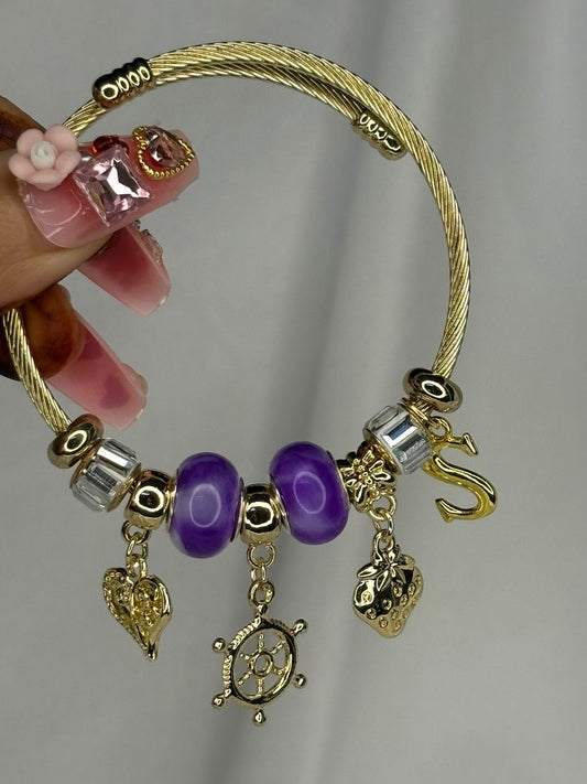Pandora Charms Purple Charms Bracelet With Customised Initial (Gold)
