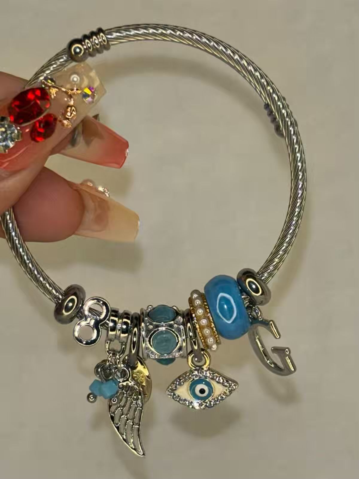 Pandora Charms Blue Evil Eye Bracelet With Customised Initial  ( Silver )