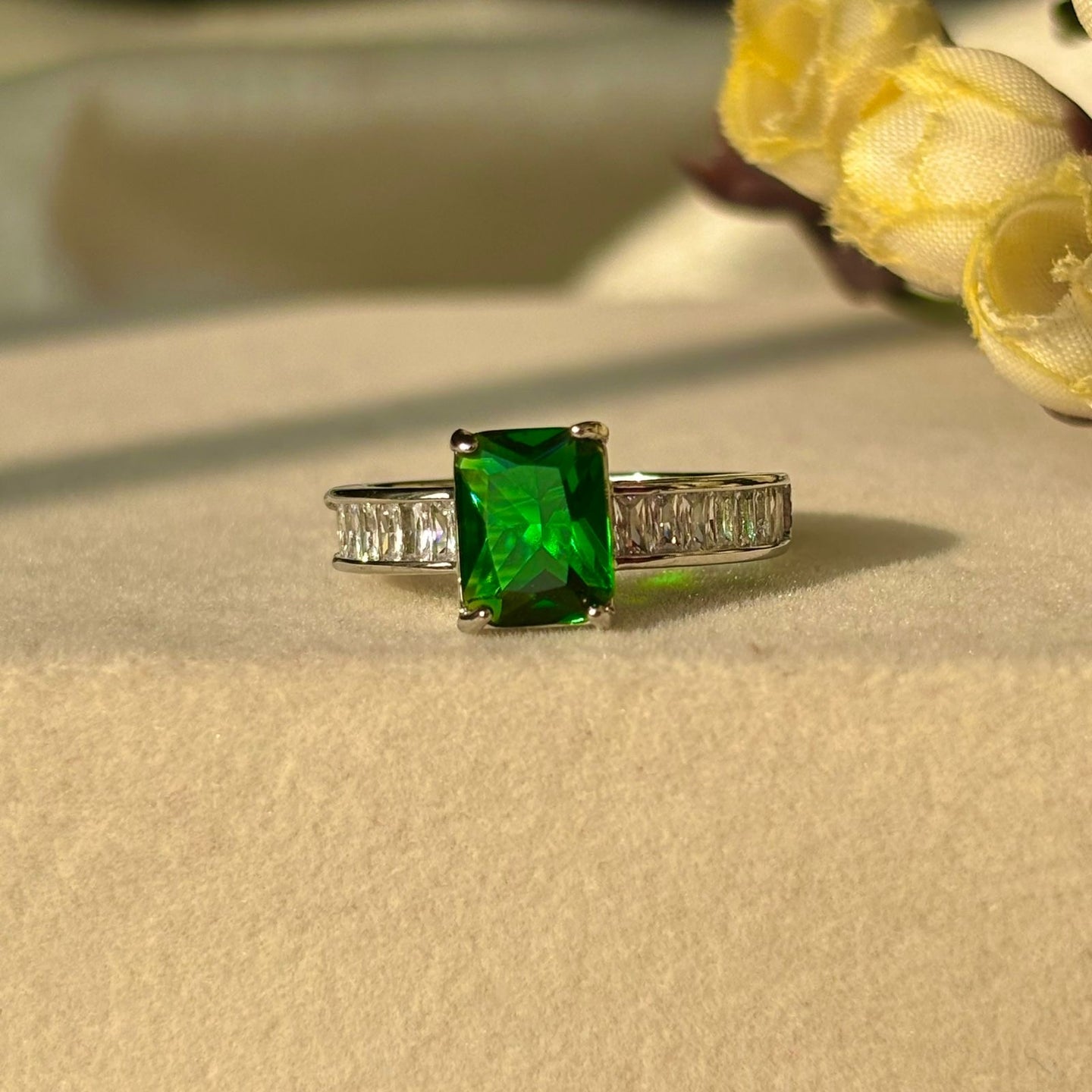 Emerald Green Crystal Baguette Side Stone Solitaire Ring