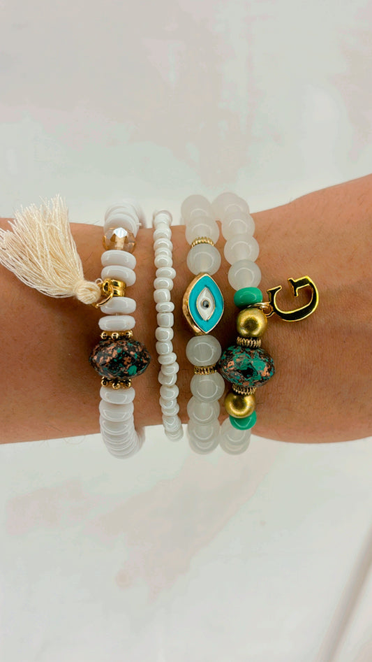 White Evil Eye Tassels Beaded Crystals Hamsa Elastic Stretchable Bracelet With Customised Initial Alphabet Unisex for  Men / Women