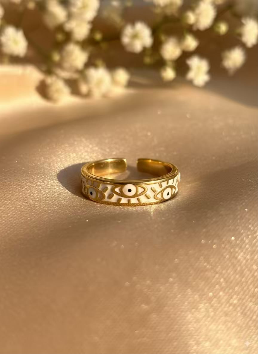 White Evil Eye Gold Plated Premium Ring (Adjustable)