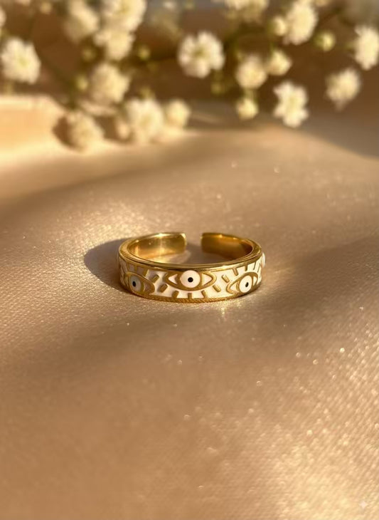 White Evil Eye Gold Plated Premium Ring (Adjustable)