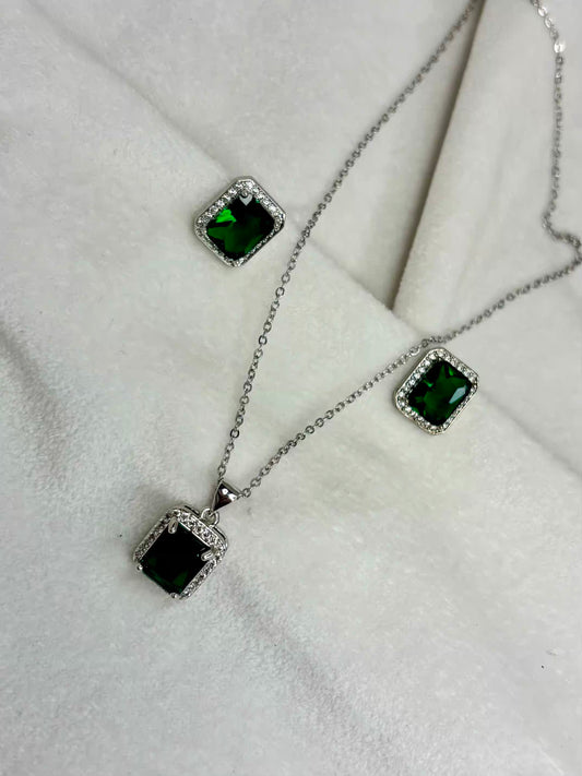 Emerald Green Diamond Necklace Ear Studs Set - Silver Plated