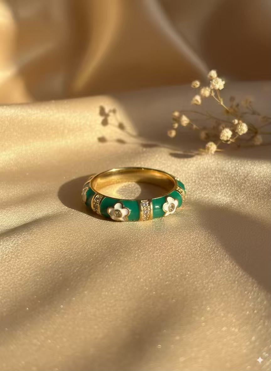 Floral Green Gold Plated Premium Ring (Adjustable)