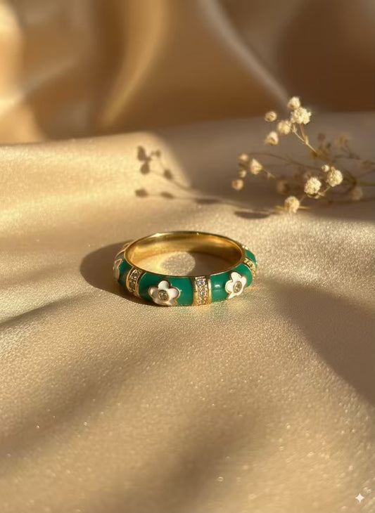 Floral Green Gold Plated Premium Ring (Adjustable)