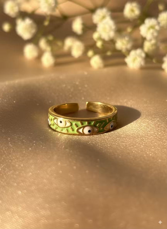 Pista Green Evil Eye Gold Plated Premium Ring (Adjustable)