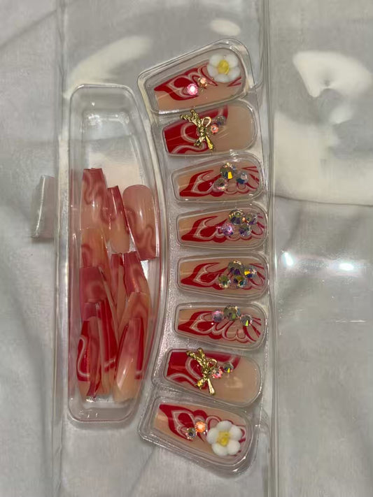 Nude Red Flowery Gradient Fancy Party Bridal Press On Nails ( Set of 24