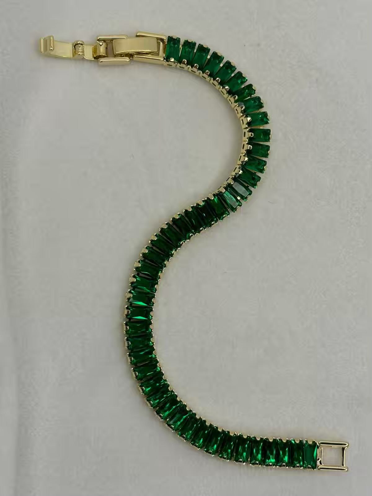 Dark Emerald Green Thick Shining Solitaire Diamonds Tennis Bracelet - Green Gold Colour ( Unisex )