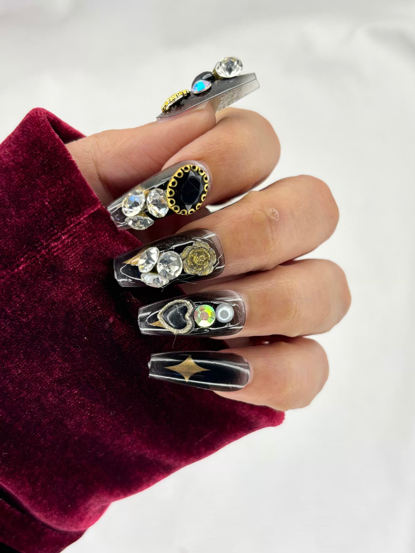 Studded Black Rose Stone Fancy Party Press On Nails ( Set of 24 )