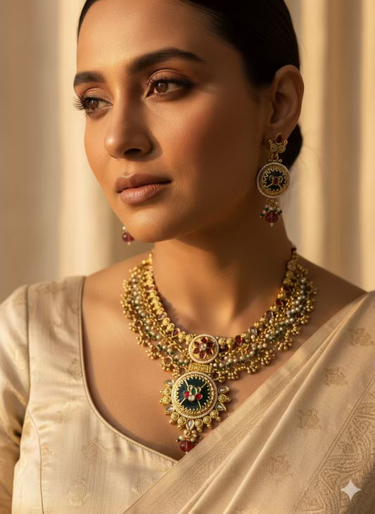 Emerald Layered Heritage Loaded Necklace with Earrings