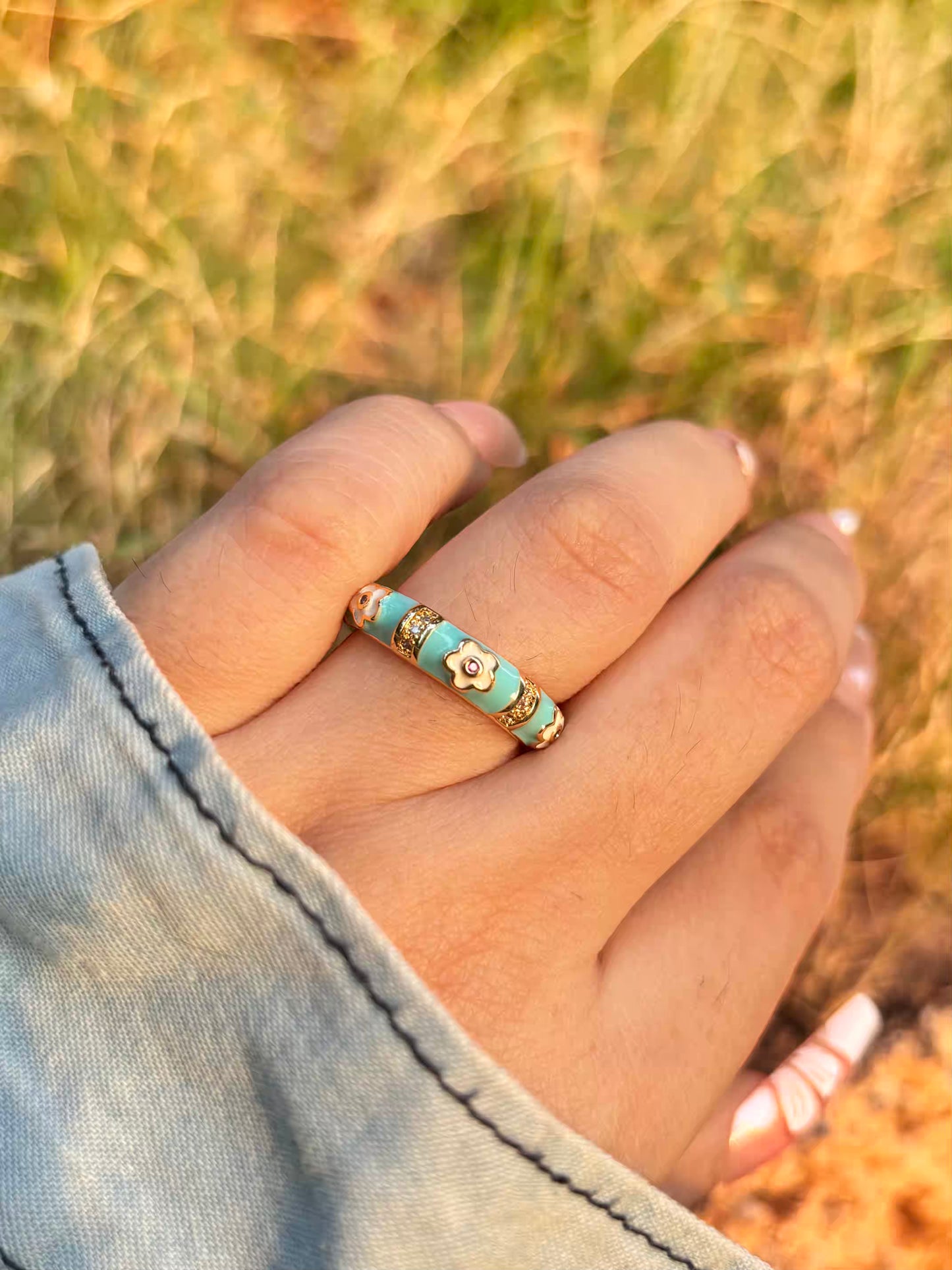 White Lillies Sky Blue Band Ring - Adjustable