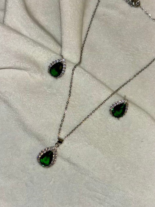 Green Emerald Necklace and Ear Studs