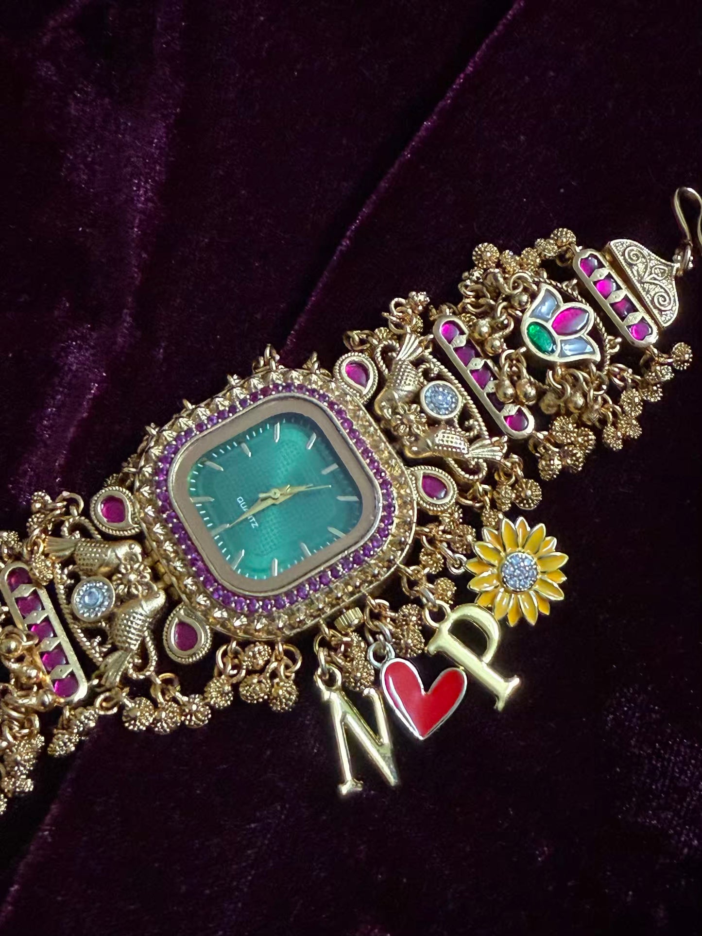 Square Dial Maharani Watch Heritage Bracelet with Charms