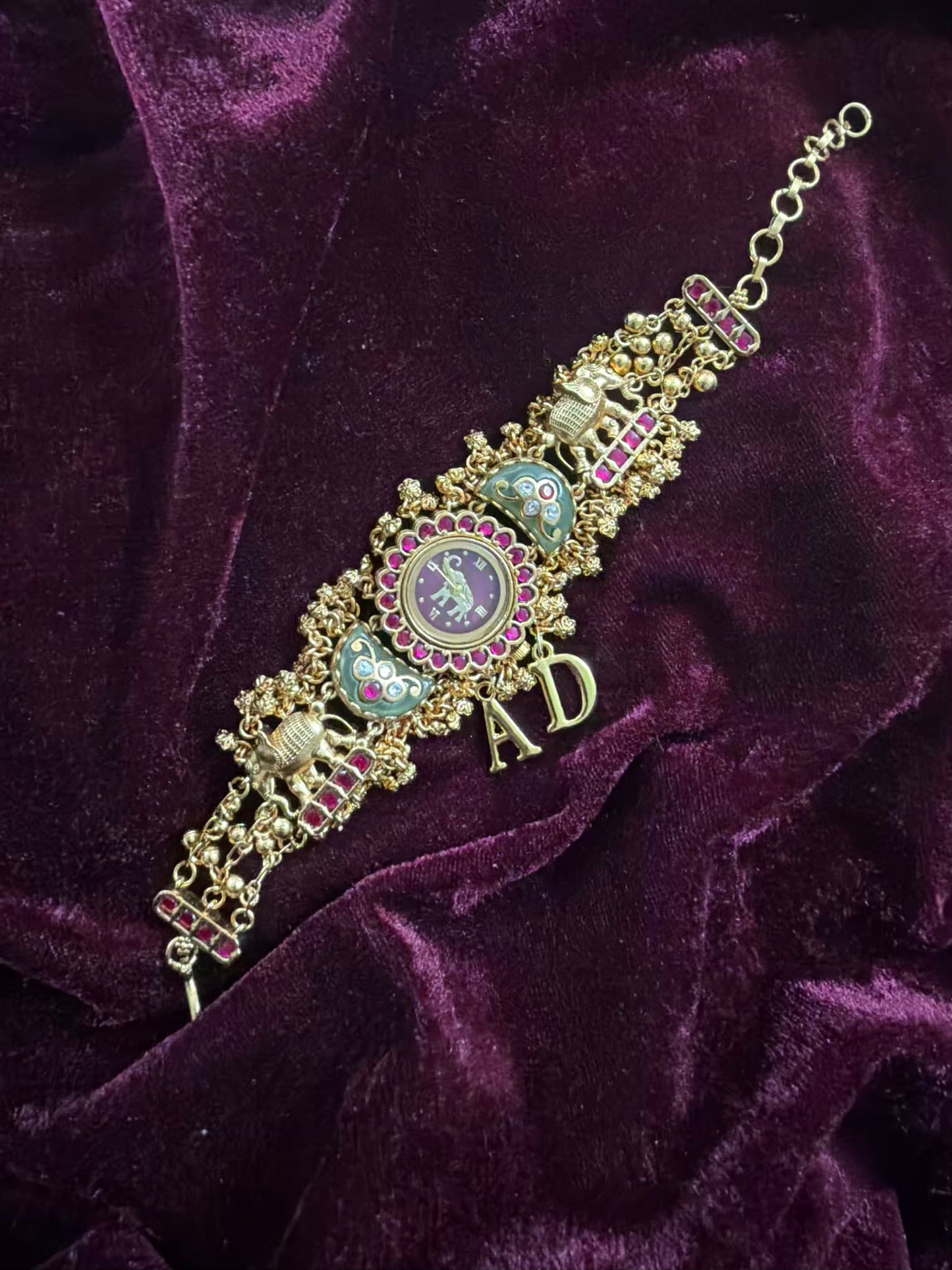 Green in Burgundy Dial Half Moon Maharani Watch Design Bracelet